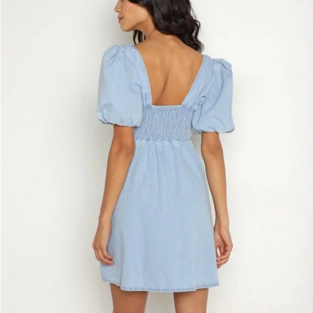 Show Me Your MuMu Smitten Sky Blue Puff Sleeve Mini 100% Cotton Sundress $158 - Picture 8 of 9